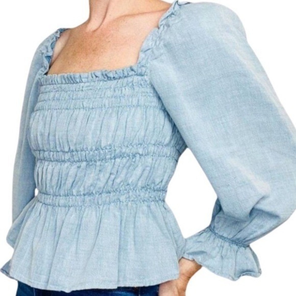 Who What Wear Women Light Blue Smocked Peplum Top Puff Sleeve Ruffle Square Neck